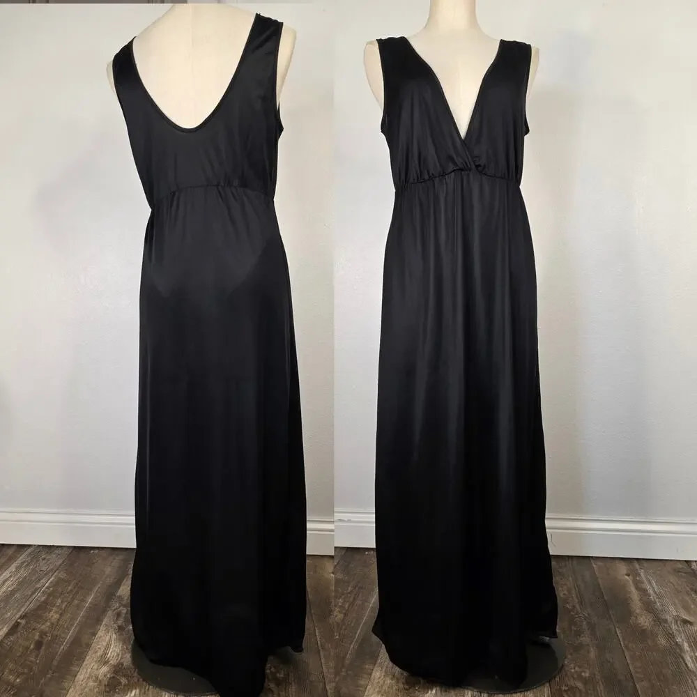 Vintage Black Nylon Slip Dress Maxi Goth Minimalist Small Union Made Lingerie